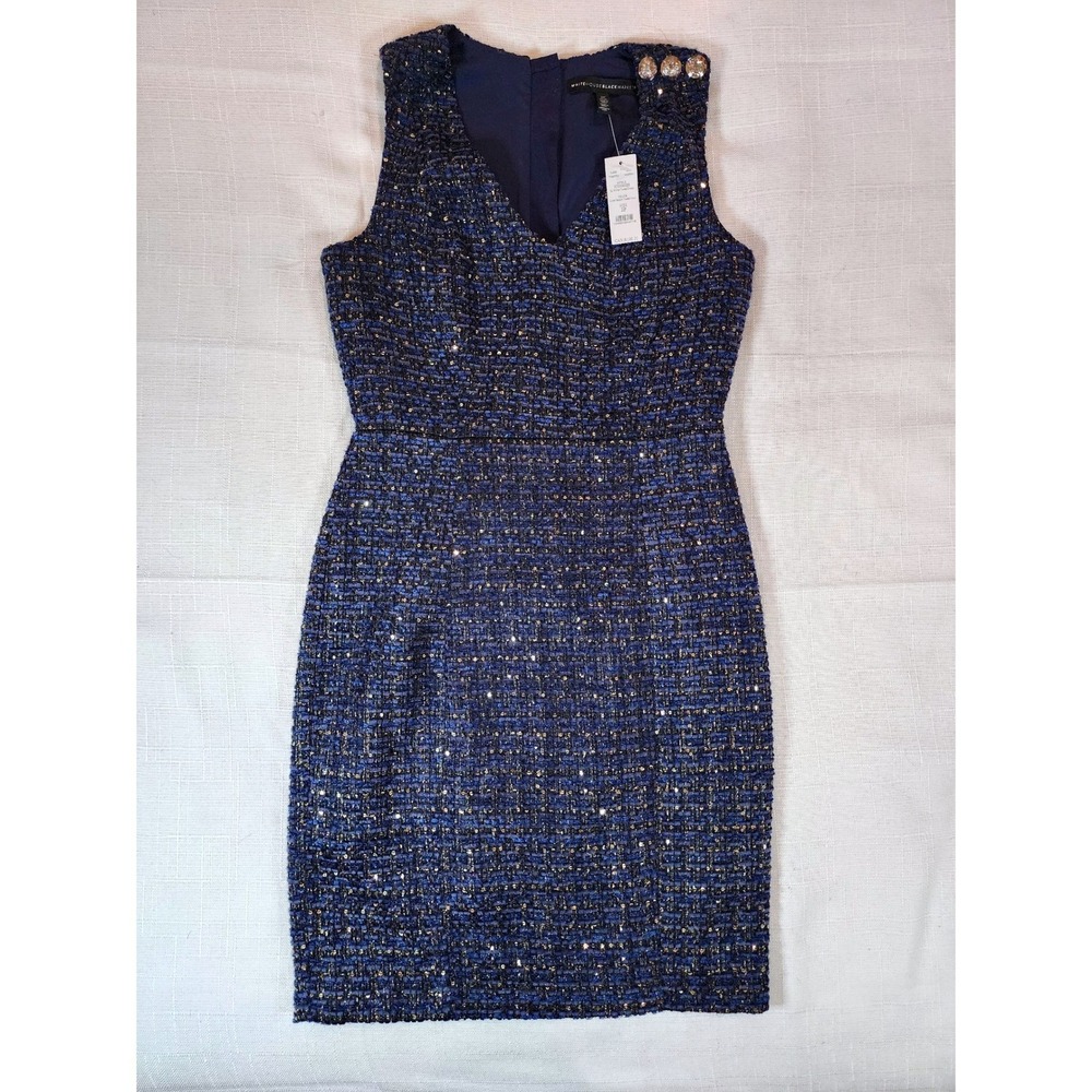 White House Black Market Navy Gold Lurex Sequin Tweed Sheath Dress 2P NWT